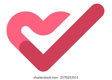 Red heart with a check mark , health, wellness and approve, minimal design in cute vector style for Valentine's Day, romance, affection and love concepts, isolated icon on white background