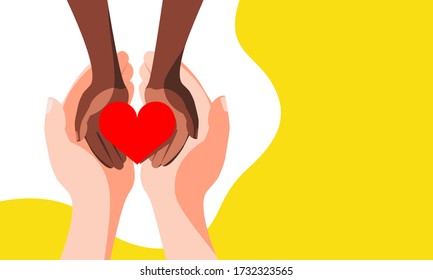 Red heart in children's black hands. The concept of helping African children, mercy and hope. Design banner copy space. Vector stock illustration.