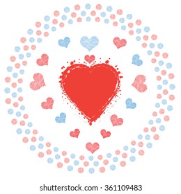 Red heart in circle of round shapes and little hearts