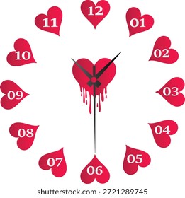 Reloj de corazón rojo con efecto de goteo y números 1 a 12 tiempo