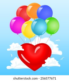 Red heart in the clouds. Vector illustration