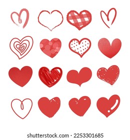 Red Heart Collection for Valentine’s Day. Grunge Illustration Design Elements for Card Decoration Clip Art isolated on White Background.