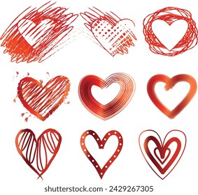 Red heart collection icon, love symbol, isolated on white, vector, Vector hearts set. Hand drawn, Set of red hearts icons. Vector illustration