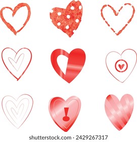 Red heart collection icon, love symbol, isolated on white, vector, Vector hearts set. Hand drawn, Set of red hearts icons. Vector illustration