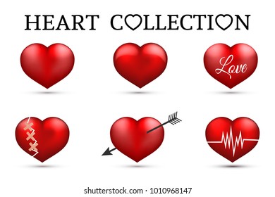 Red heart collections. Set of six realistic hearts isolated on white background. 3d icons. Valentine's day vector illustration. Love story symbol. Easy to edit design template for your artworks.