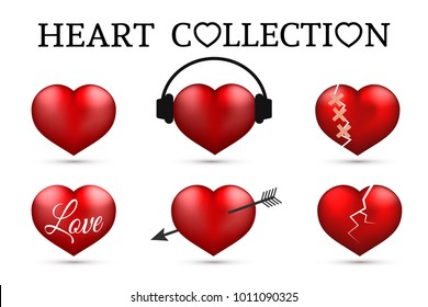 Red heart collections. Set of six realistic hearts isolated on white background. 3d icons. Valentine's day vector illustration. Love story symbol. Easy to edit design template for your artworks.