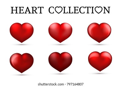 Red heart collections. Set of six realistic hearts isolated on white background. 3d icons. Valentine's day vector illustration. Easy to edit design template for your artworks.