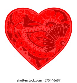 Red heart colored with floral zentangle pattern. Valentines day decor in zendoodle style. Vector image isolated on white background