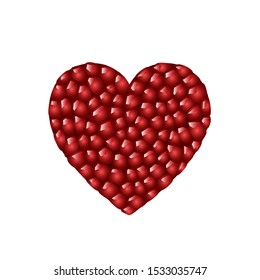 Red heart. Heart composed of ruby seeds of pomegranate on white background. Realistic food print. 