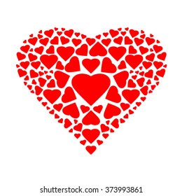 Red heart composed of small elements on a white background. Heart composed of small hearts. Vector illustration.