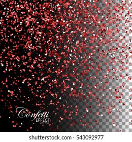 Red Heart Confetti Glitters. Vector Festive Illustration of Falling Shiny Hearts. Sparkling Texture Isolated on Transparent Checkered Background. Holiday Valentines Day Tinsel Element for Design