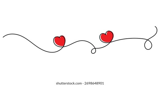 Coração vermelho conectar com mão desenhado ícone de linha contínua no fundo branco. Desenho de amor desenhado à mão ilustração. Ícone de amor contínuo curvo. Os ícones do coração do Dia dos Namorados. EPS 10. 