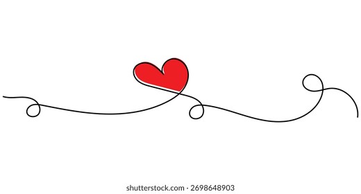 Corazón rojo se conecta con el icono de línea continua dibujado a mano sobre fondo blanco. Dibujado a mano ilustración de dibujo de amor. Icono de amor continuo curvado. Iconos del corazón del día de San Valentín. EPS 10. 