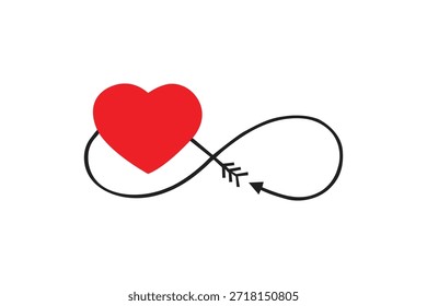 Um coração vermelho ligado a um símbolo infinito por uma seta, representando o amor eterno e o afeto.