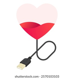 A red heart connected to a USB cable, symbolizing the fusion of technology and love,minimal design in cute vector style for Valentine's Day,romance,affection concepts,isolated icon on white background