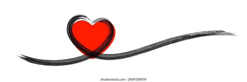 Red heart continuous wavy brush stroke drawing. Happy Valentine's day header or banner or letter template. Vector illustration