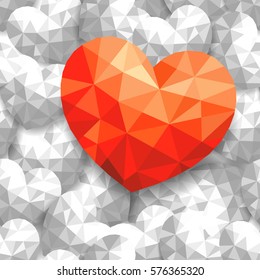 Red heart contrast with many gray hearts. polygonal seamless pattern.  Illustration, In love concept. Happy valentine's day.