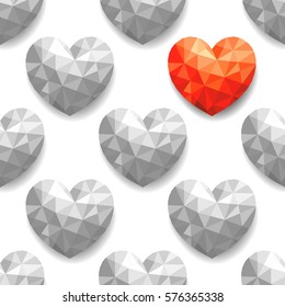 Red heart contrast with many gray hearts. polygonal seamless pattern.  Illustration, In love concept.