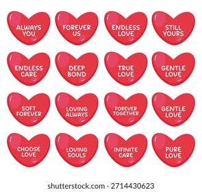 Conjunto de dulces de conversación de corazón rojo con frases y citas románticas de amor