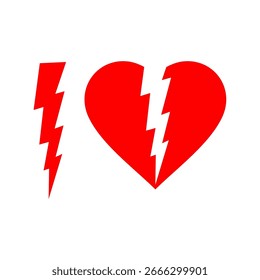 Un corazón rojo con una grieta en el medio. Rompimiento de corazón. Ataque al corazón del símbolo del crack. Símbolo de ruptura de arte de Clip plano para App y Sitios web. Ilustración vectorial