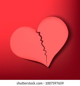 Red heart with a crack on a red background
