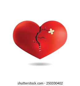 Red Heart with crack and plaster, Isolated On White Background, Vector