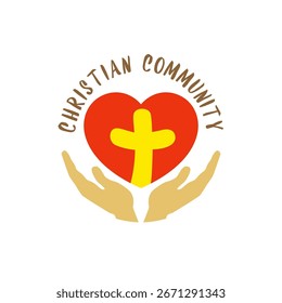 Red heart, creative yellow cross inside with isolated clipping mask, open hands. Concept for Christian community, church ministry logotype template.