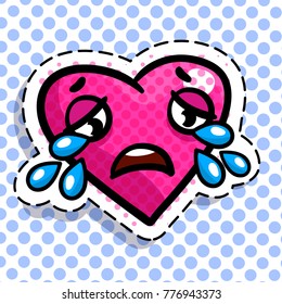 Red heart cries on dots background. Art design for Valentines Day greetings and card in pop art syle.