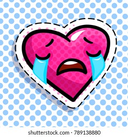Red heart cries on dots background. Art design for Valentines Day greetings and card in pop art syle.