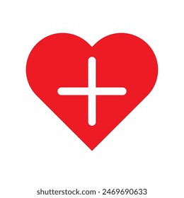 Red Heart with cross sign. Heart with plus sign icon for healthcare logo design. Valentines day heart icon. Heart vector illustration.