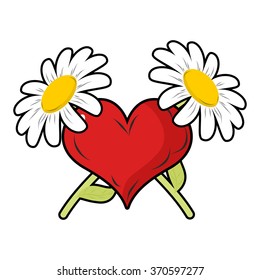 Red heart and crossbones flowers. Chamomile and love. Symbol of endless love and love. Sign for Valentines day. February 14 Valentines day.
