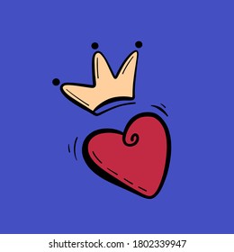 Red heart with crown on a blue background. Flat illustration in cartoon style. Elements for the design of textiles, cards, t-shirts.