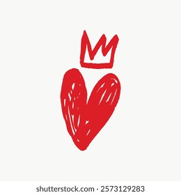 Red heart with a crown, symbolizing love and royalty. Heart and crown design, simple and bold. Love and royalty expressed through heart and crown imagery. Doodle vector illustration isolated on white.