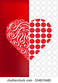 Red heart with curl for template design, cover, banner. 