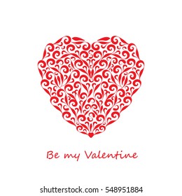 Red heart from curls with a bow on a white background. Greeting card for Happy Valentine's Day. Vector illustration.