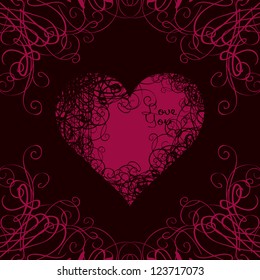 red heart in curls on a black background with the words I love you