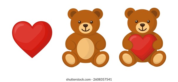 Red Heart and Cute Teddy Bears, One Holding a Heart