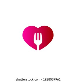 Red Heart And Cutlery  Icon Or Symbol For A Restaurant. Logo For Cafes, Bars, Canteens And Other Places To Eat