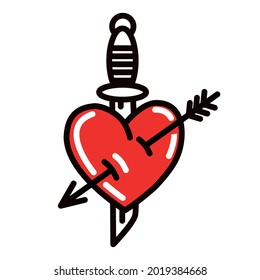 Red heart with a dagger in the style of old school tattoo on a white background. Vector illustration