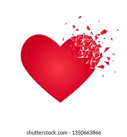 Red heart with debris on white background. Place for your text. Vector illustration for banner, lettering, invitation, poster, web. St. Valentine's day concept.