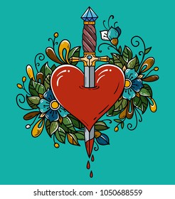 Red Heart Decorated With Flowers Pierced With Dagger. Tatoo Dagger Piercing Heart With Dripping Blood. Heart Bleeding. Retro Tattoo. Old School Retro Vector Illustration.