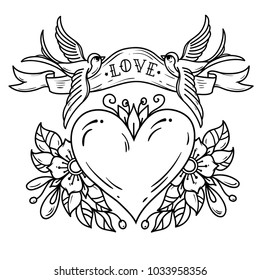 Red heart decorated with flowers. Two bluebirds carry ribbon with lettering LOVE over heart. Old school tattoo. Holiday illustration. Valentines Day. Black and white tattoo