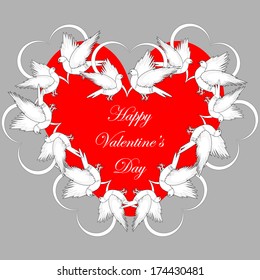 A red heart decorated with flying white doves and smaller hearts. Valentines Day background. Vector-art illustration