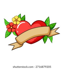 Red heart design featuring a blank beige ribbon banner, surrounded by colorful flowers and green leaves, symbolizing love, romance, and old school style