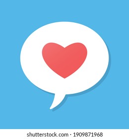 Red heart in dialogue speech bubble frame flat design. Wedding or Valentines day card love symbol.