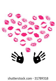 red heart from different lips print in black palms