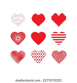 Red heart in different styles. Lines, stripes, geometric, scratch, pixels, dots, animal print, circle.
Fashion Design, Vectors for t-shirts and endless applications.
