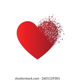 Red heart dissolving into fragments, representing fading love, heartbreak, emotional pain, or loss in relationships