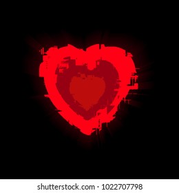 Red heart with distorted digital mechanic glitch effect with glow on modern style black background. Design elements for Valentine's day,  greeting card, banner, poster. Vector illustration