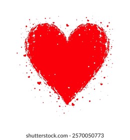 Red heart with a distressed paint splatter effect, isolated on a white background. Concept of love, passion, and creativity. Valentine's day, wedding illustration.